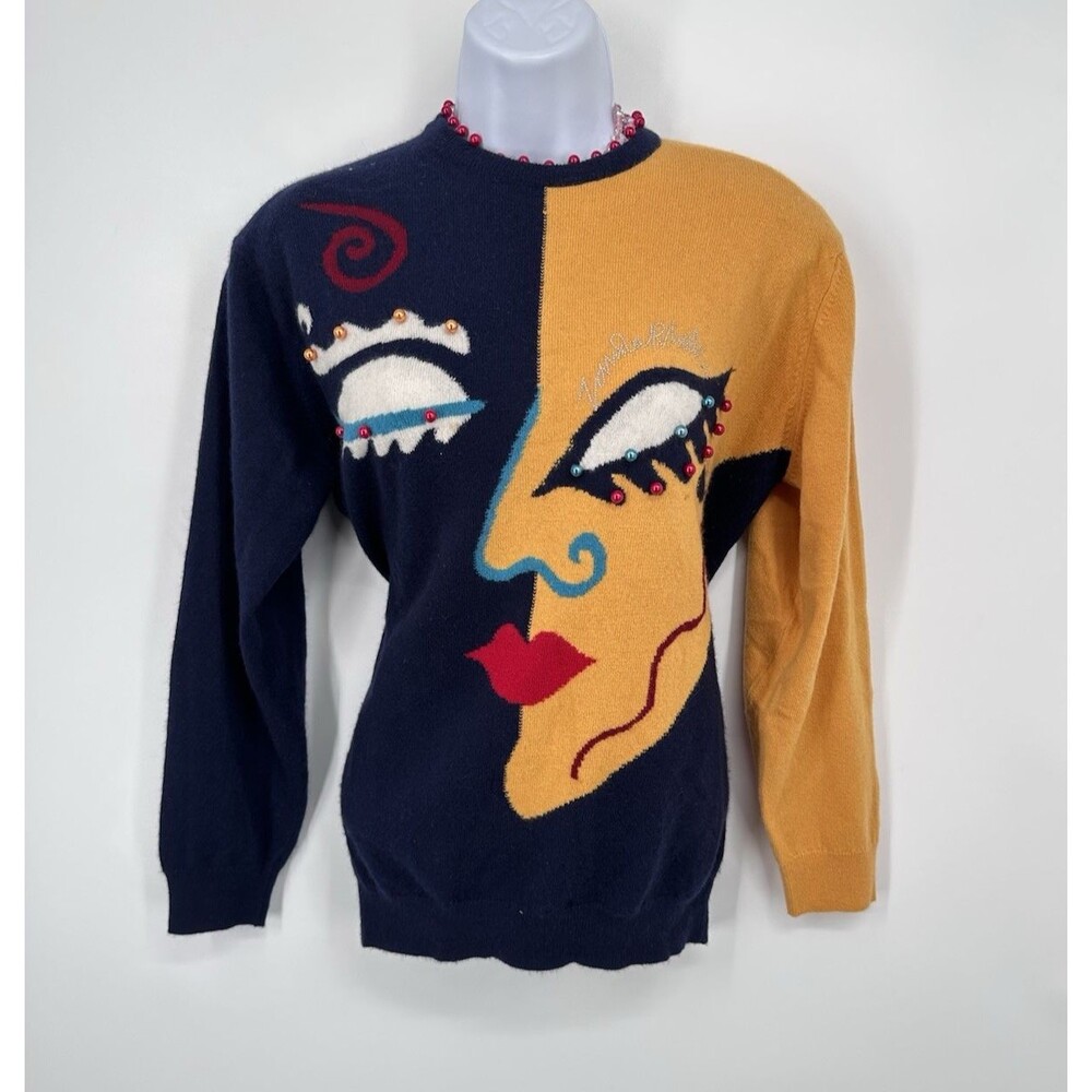 Rare! Cashmere Womens M Black Art uique face big eyes beaded‎  Sweater